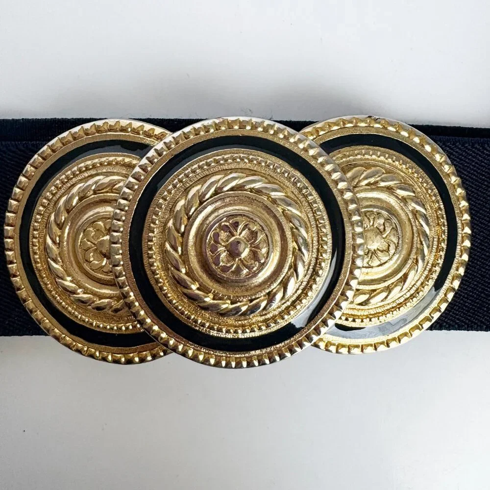 Nan Lewis Wide Belt Oversized Gold Medallion + Navy Stretch Strap